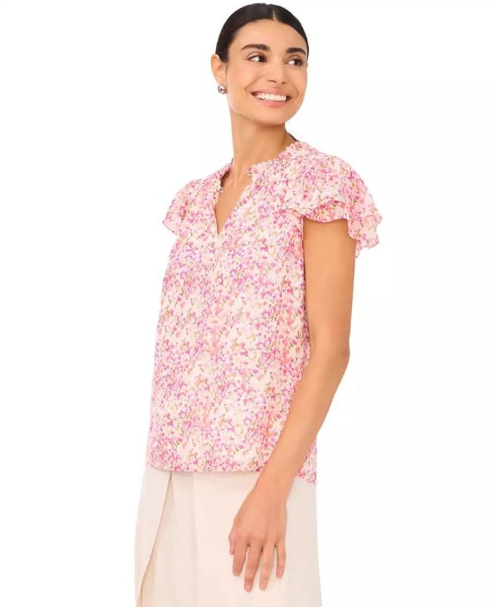 CECE Women's Ruffled Blouse XS Pink Floral Keyhole-Neck Flutter-Sleeve NWT